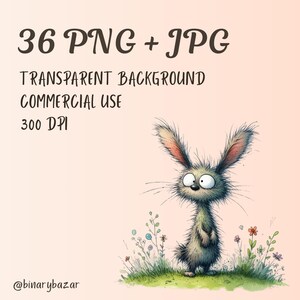 May include: A cartoon illustration of a furry, white rabbit with large, round eyes standing in a field of green grass and colorful flowers. The image is part of a set of 36 PNG and JPG files with transparent backgrounds, suitable for commercial use.