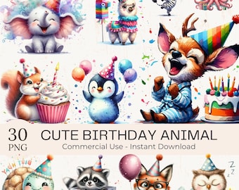 Watercolor Safari Birthday Animals Clipart: 31 PNG Bundle (Digital Download)