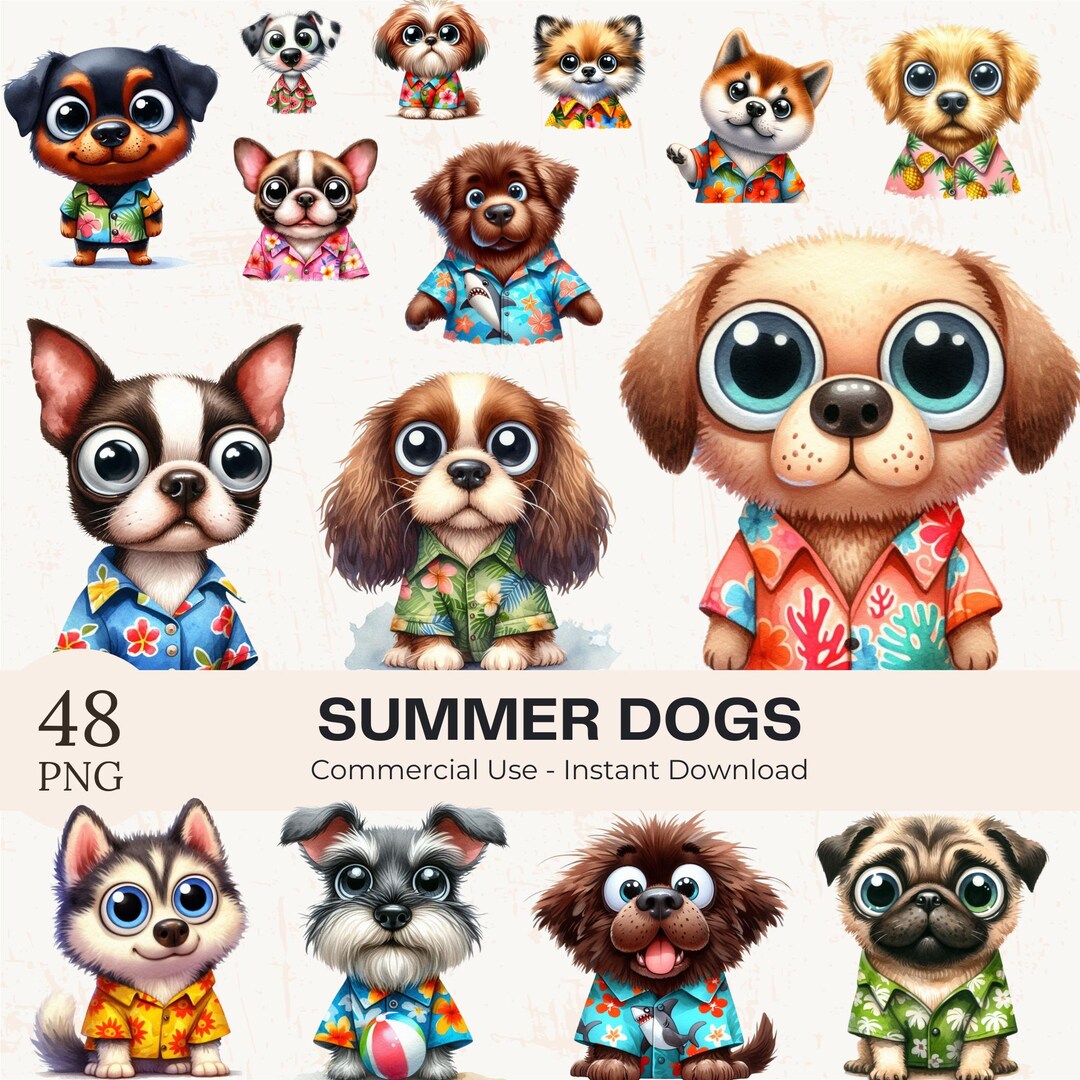 48 Summer Dogs Clipart Bundle: Watercolor Funny Beach Pets PNG for ...
