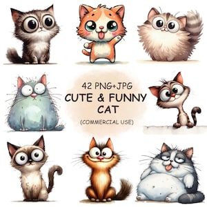 Bundle PNG de cliparts chat drôle et original - 42 cliparts aquarelles animaux mignons, oeuvre d'art transparente à imprimer | Téléchargement numérique | Utilisation commerciale