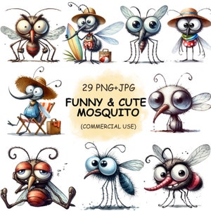 Mosquitos divertidos y peculiares, imágenes prediseñadas PNG - 29 imágenes prediseñadas de mosquitos en acuarela / Arte imprimible / Descarga digital / Uso comercial