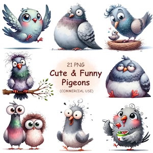21 Funny and Cute Pigeon Clipart PNG Bundle- Watercolor Quirky Bird Animal Clip Art | Printable Images | Digital Download | Commercial Use