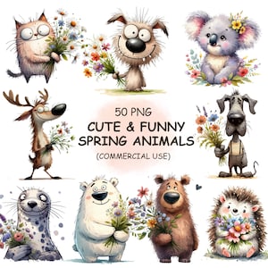 Imágenes prediseñadas de animales primaverales: 50 animales de jardín y safari, paquete de acuarela, descarga digital, uso comercial