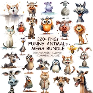 Plus de 220 cliparts drôles et originaux d'animaux et d'oiseaux PNG Mega Bundle Vol 2 - Aquarelles mignons oiseaux, chiens, chats, clipart animaux de safari et de la ferme