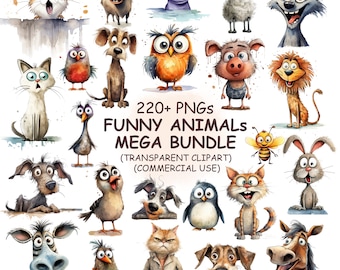 220+ Funny & Quirky Animals and Birds Clipart PNG Mega Bundle Vol 2 - Watercolor Cute Birds, Dogs, Cats, Safari and Farm Animals Clip Art