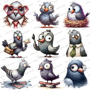 May include: Nine cartoon illustrations of pigeons with different expressions and accessories. The pigeons are wearing glasses, a tie, a backpack, a paintbrush, a tie, flippers, a skateboard, and a nest.