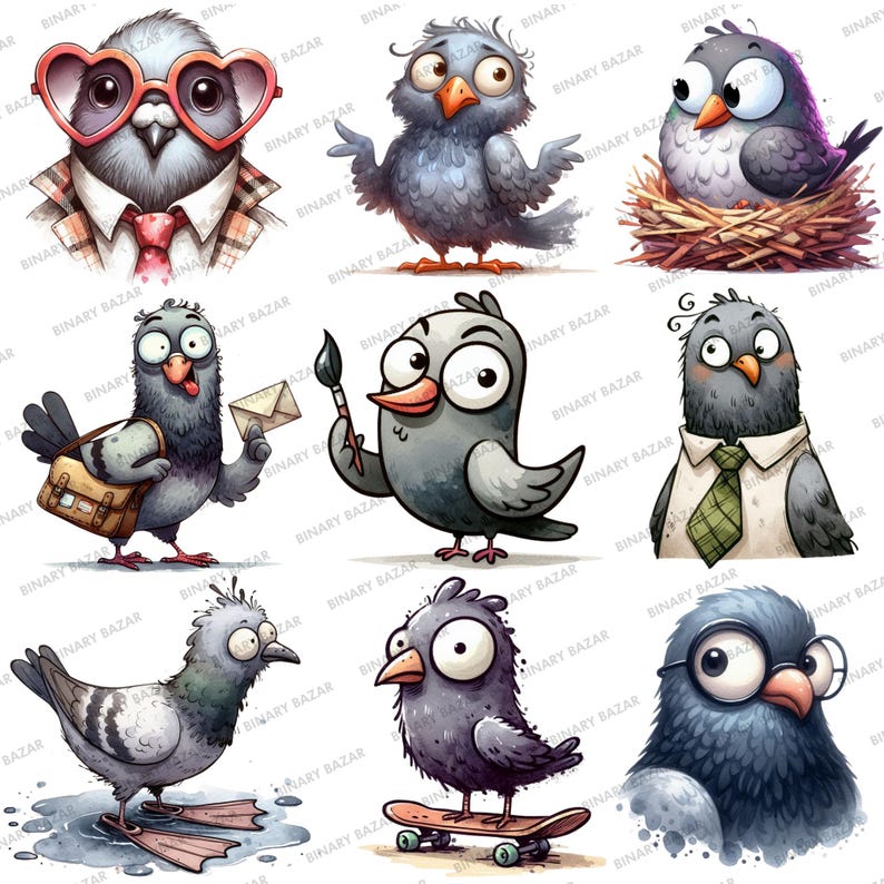 May include: Nine cartoon illustrations of pigeons with different expressions and accessories. The pigeons are wearing glasses, a tie, a backpack, a paintbrush, a tie, flippers, a skateboard, and a nest.