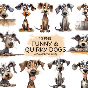 Paquete de 40 imágenes prediseñadas de perros divertidos y adorables: imágenes prediseñadas de cachorros de perros peculiares en acuarela, arte transparente imprimible, descarga digital/uso comercial