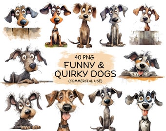 Watercolor Funny Dog Clipart: Quirky Puppy PNG Bundle (Digital Download)