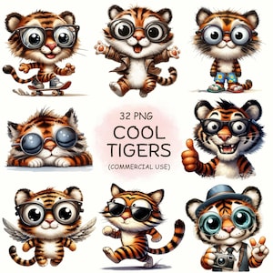 Clipart tigres cool aquarelle - 32 petits tigres rigolos mignons PNG, bébés animaux de safari sauvages - Art numérique imprimable | Utilisation commerciale