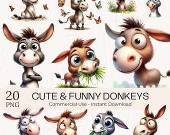 Funny Donkey Clipart: 20 Watercolor Quirky Farm Animal PNG Bundle (Digital Download)