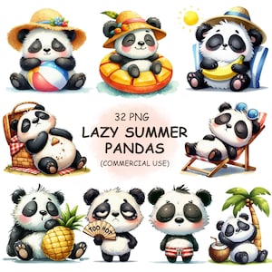 Leuke grappige Lazy Summer Panda Clipart PNG-bundel - 32 aquarel Sleepy Summer Panda Clipart, schattige safaridieren, digitale download