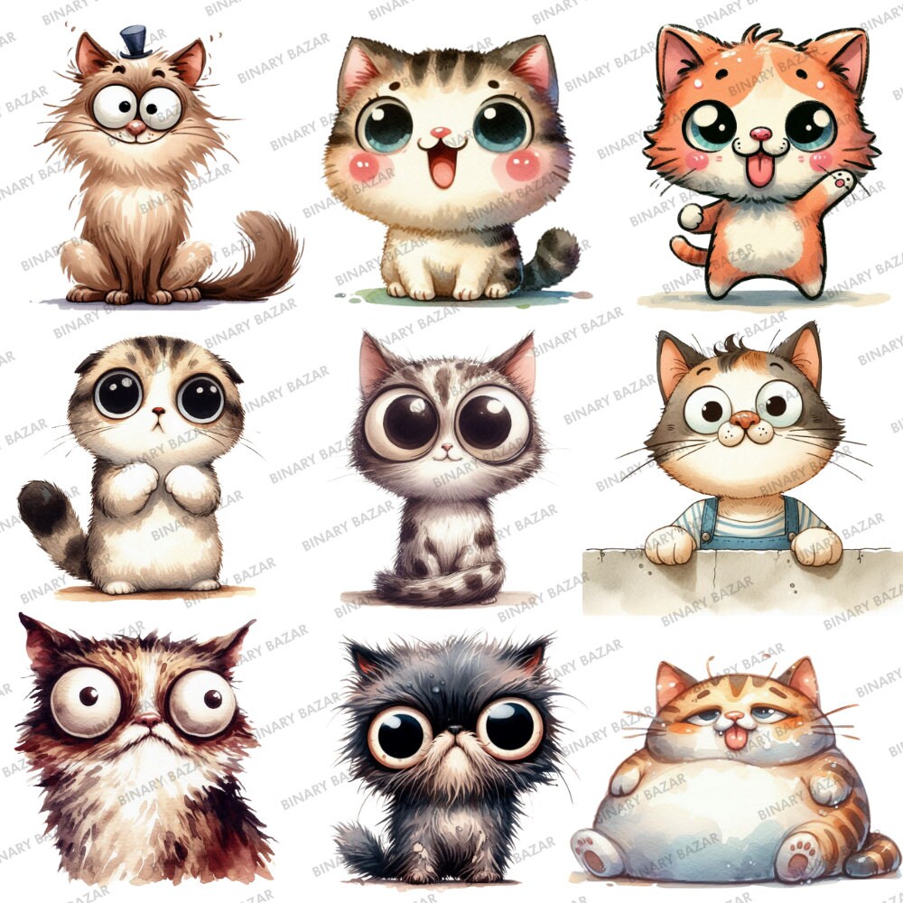 Funny Cats Cartoon Clipart – Watercolor Quirky Pet Animal PNG Bundle ...