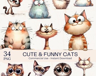 Puede incluir: Una colección digital de 34 archivos PNG con varias ilustraciones de gatos de dibujos animados con ojos grandes y caras expresivas. El texto dice 34 PNG CUTE & FUNNY CATS Commercial Use - Instant Download. Los gatos varían en color y forma.