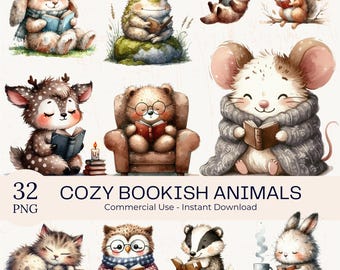 May include: A collection of 32 digital illustrations featuring various animals reading books, including a rabbit, frog, squirrel, deer, bear, mouse, cat, owl, and badger, with the text 32 COZY BOOKISH ANIMALS Commercial Use - Instant Download.