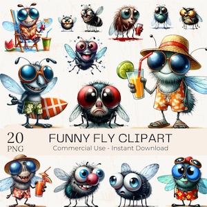 Clipart Engraçado de Mosca: 20 Insetos de Verão, Aquarela PNG JPG (Download Digital)