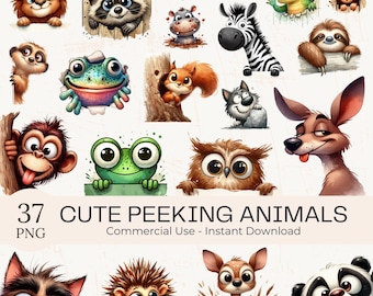 Funny Peeking Animals Clipart: Watercolor Quirky Cartoon PNG Bundle (Digital Download)