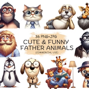 Alles Gute zum Vatertag Papa Tiere Lustige Clipart PNG & JPG Bundle – 36 Aquarell niedliche urkomische Grafik-ClipArt – Digitaler Download kommerzielle Nutzung