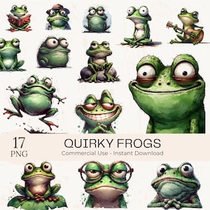 Könnte beinhalten: Eine Sammlung von 17 skurrilen Frosch-Illustrationen in verschiedenen Posen und Ausdrücken. Die Frösche sind in einem Aquarellstil gehalten, mit leuchtenden Grüntönen und übertriebenen Merkmalen. Der Text "Quirky Frogs" ist darunter.