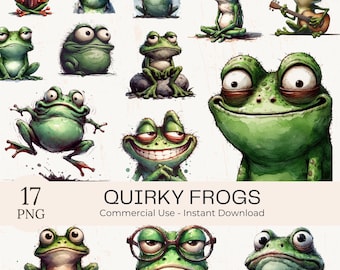 Watercolor Frog Clipart Bundle: 17 Funny Cartoon PNGs (Digital Download)