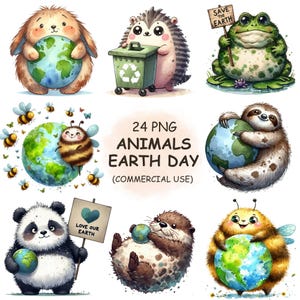 Lot de 24 cliparts PNG animaux mignons du jour de la terre - aquarelle animaux de safari jour de la terre clipart - téléchargement numérique avec un usage commercial