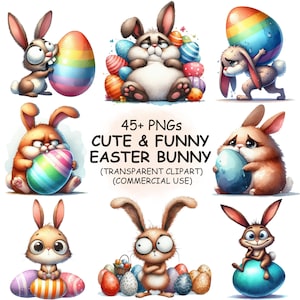 Süße & lustige Osterhase mit Ei Clipart PNG Bundle - 45 Aquarell schrullig Kaninchen Transparent Clip Art | Digitaler Download | Kommerzielle Nutzung