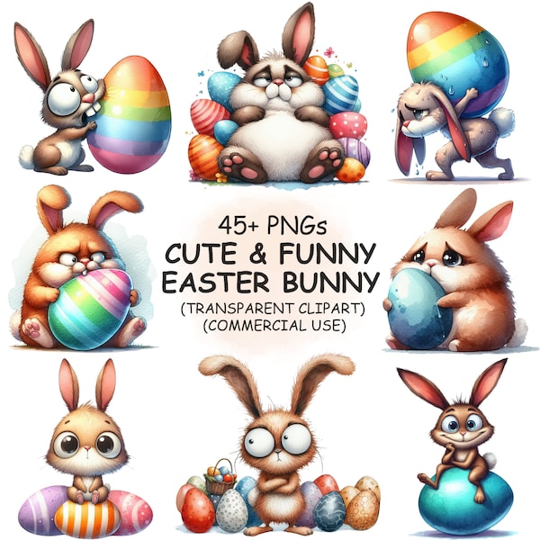 Simpatico e divertente coniglietto di Pasqua con uovo Clipart PNG Bundle - 45 acquerello eccentrico coniglio trasparente Clip Art / Download digitale / Uso commerciale