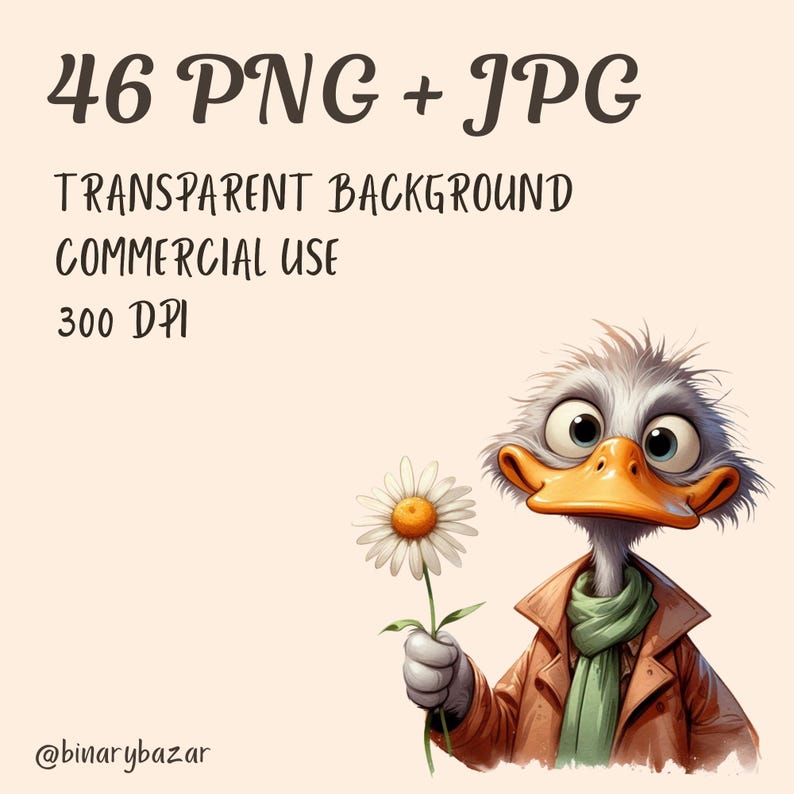 May include: A cartoon illustration of a white and gray bird with a yellow beak holding a white daisy with a yellow center. The bird is wearing a brown jacket and a green scarf. The text "46 PNG + JPG", "TRANSPARENT BACKGROUND", "COMMERCIAL USE", and "300 DPI" is displayed above the bird. The text "@binarybazar" is displayed below the bird.