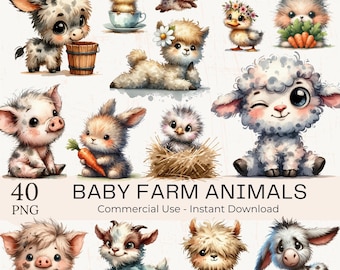 40 Watercolor Baby Farm Animals Clipart Bundle (Digital Download)