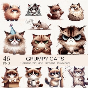 Grumpy Cat Clipart: 46 Watercolor Kitten Illustrations (PNG, Commercial Use)