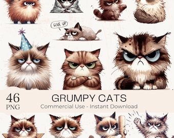 Grumpy Cat Clipart: 46 Watercolor Kitten Illustrations (PNG, Commercial Use)