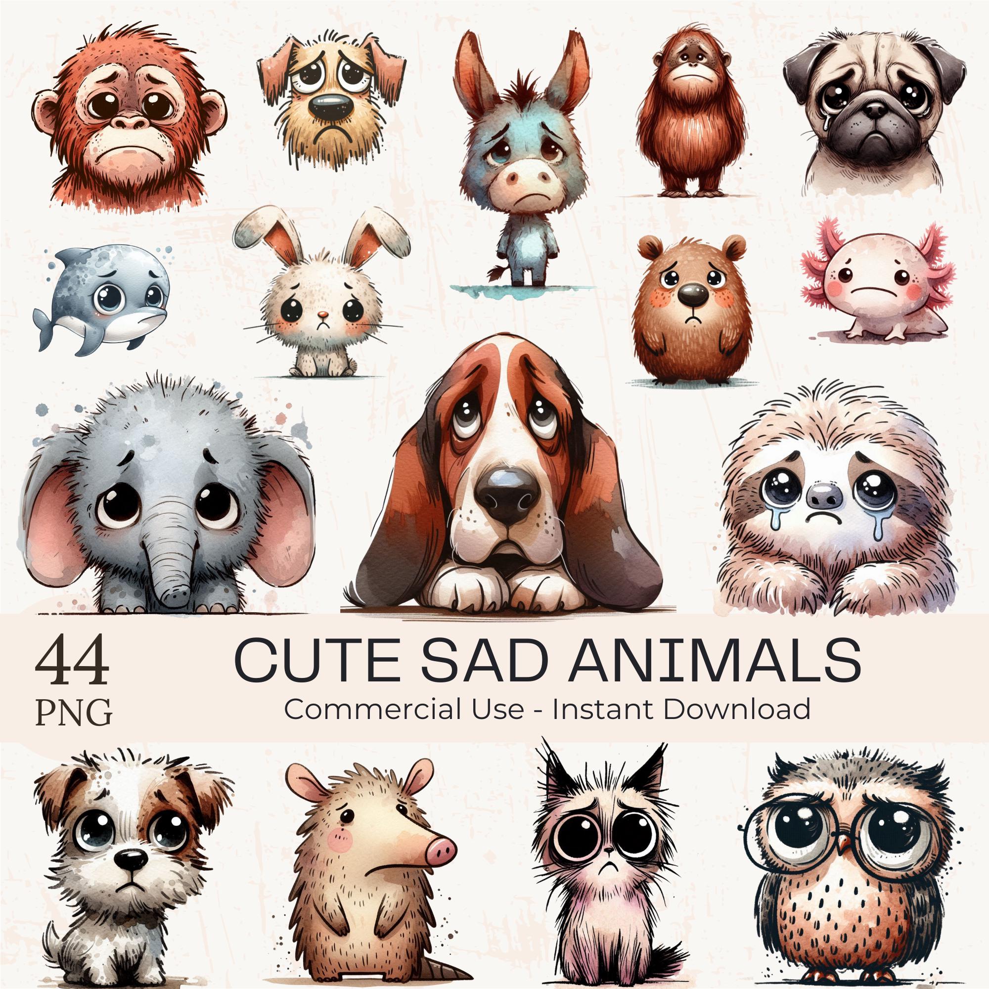 44 Sad Animals Clipart: Watercolor Kawaii Emotional PNG Bundle (digital ...