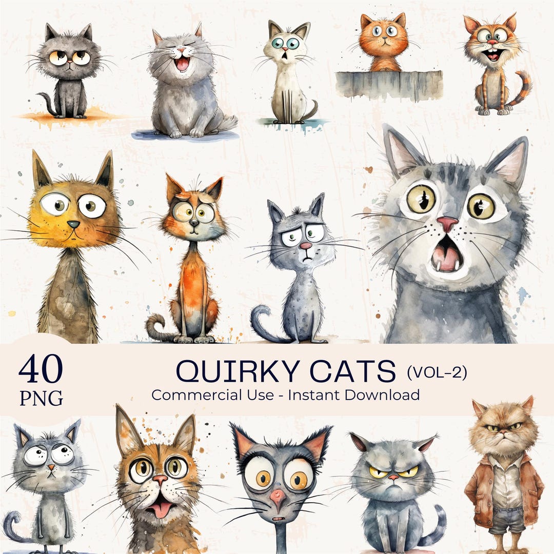 40 Watercolor Quirky Cats Clipart: Funny Pet Animals PNG Bundle ...