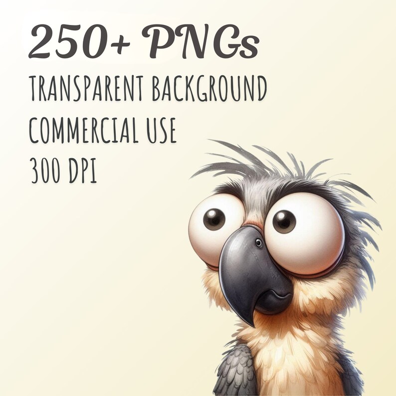 K&ouml;nnte beinhalten: Eine Cartoon-Illustration eines Vogels mit gro&szlig;en, runden Augen und einem grau-braunen gefiederten Kopf. Der Vogel schaut nach rechts im Bild. Der Text "250+ PNGs", "Transparenter Hintergrund", "Kommerzielle Nutzung" und "300 DPI" ist in der oberen linken Ecke des Bildes sichtbar.