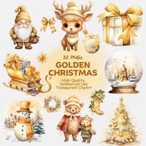 Gold Weihnachten Clipart PNG Bundle, 32 Aquarell niedlich Xmas Frohe Weihnachten Clip Art, Frohe Feiertage druckbare digitaler Download-kommerzielle Nutzung