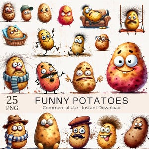 May include: A collection of 25 cartoon potatoes with various expressions and accessories. The image includes text that reads "FUNNY POTATOES" and "Commercial Use - Instant Download."