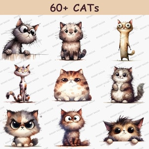 K&ouml;nnte beinhalten: Eine digitale Illustration von zehn niedlichen Comic-Katzen mit verschiedenen Gesichtsausdr&uuml;cken und Posen. Die Katzen sind im Aquarell-Stil mit sanften Farben und Details gezeichnet. Das Bild tr&auml;gt den Titel "60+ CATS".