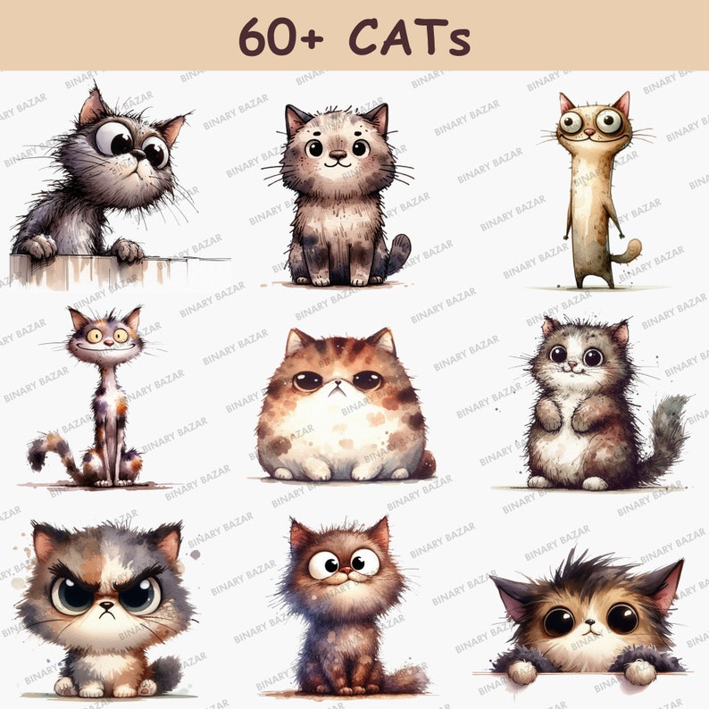 K&ouml;nnte beinhalten: Eine digitale Illustration von zehn niedlichen Comic-Katzen mit verschiedenen Gesichtsausdr&uuml;cken und Posen. Die Katzen sind im Aquarell-Stil mit sanften Farben und Details gezeichnet. Das Bild tr&auml;gt den Titel "60+ CATS".