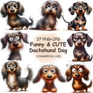 Funny Cute & Quirky Dachshund Dog Clipart Bundle - 37 Watercolor Animals Clip Art, Printable Transparent Digital Download | Commercial Use