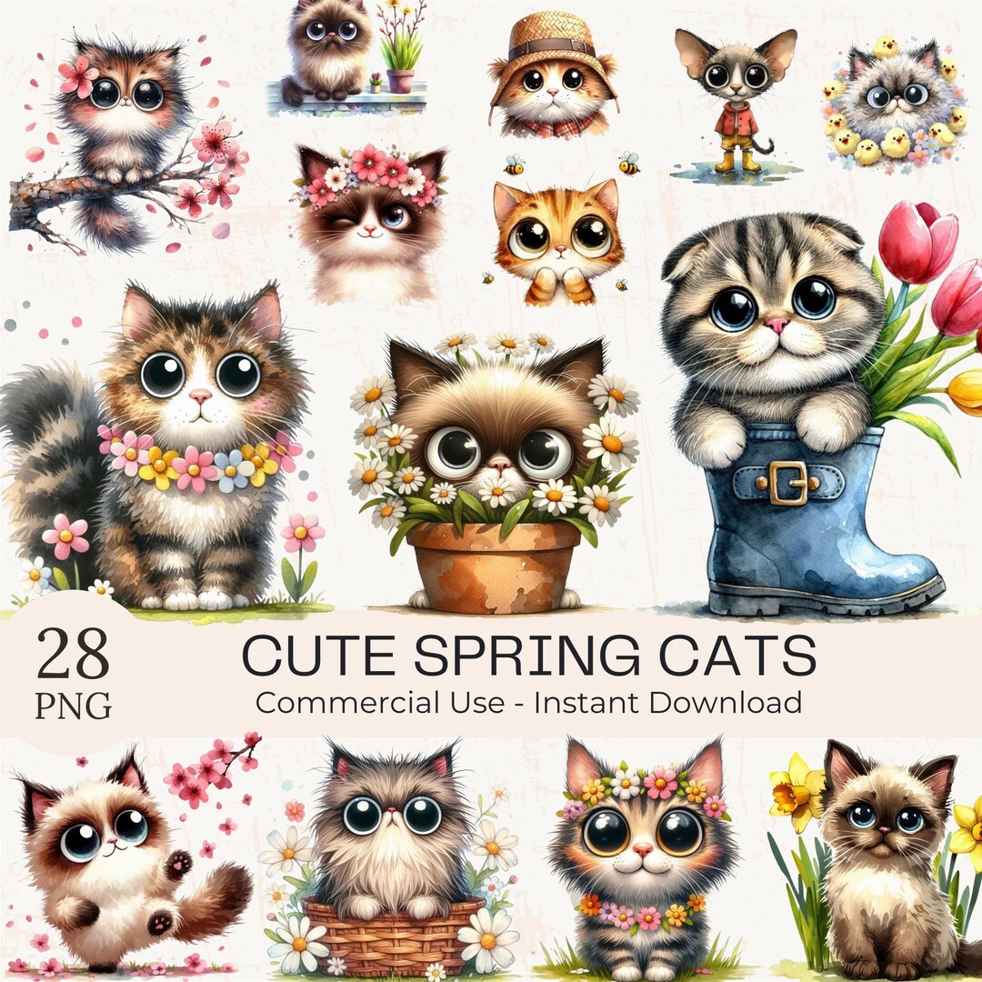 28 Funny Spring Cats Clipart: Watercolor Floral Pet Animals PNG Bundle ...