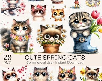 28 Lustige Frühling Katzen Clipart: Aquarell Blumen PNG Bundle (Kommerzielle Nutzung)