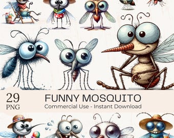 Watercolor Funny Mosquito Clipart: 29 PNG Insect Graphics (Digital Download)