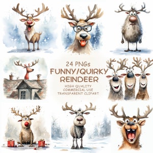 Pacchetto di clipart PNG di renne di Natale divertenti e carine ad acquerello - 24 clip art di animali natalizi eccentrici, cervi natalizi stampabili da scaricare digitalmente