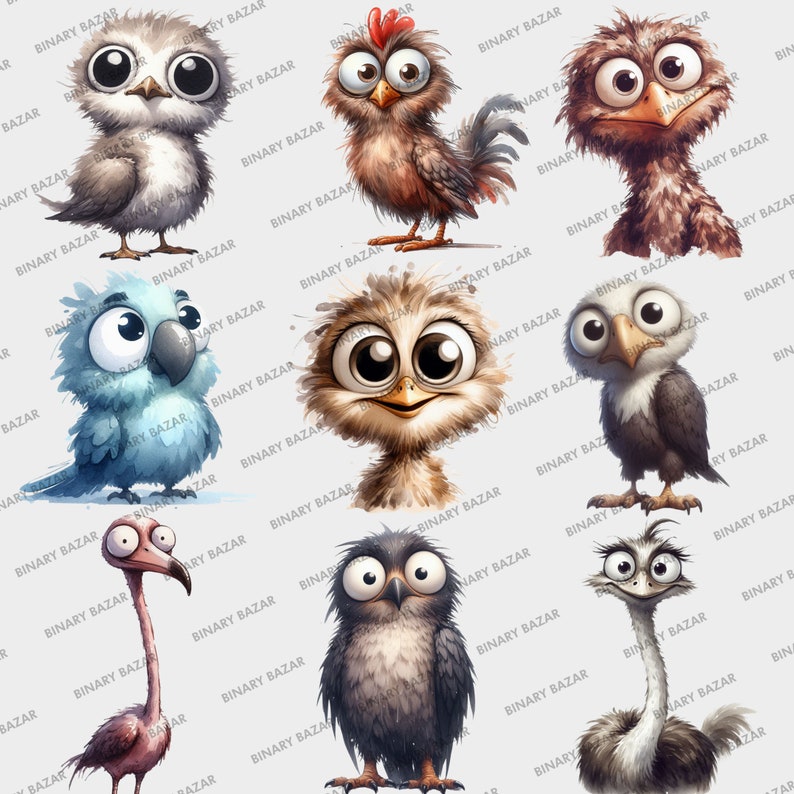May include: A collection of eight cartoon animal illustrations featuring a variety of birds, including an owl, a chicken, a flamingo, an ostrich, and a parrot. The animals have large eyes and are depicted in a whimsical style.