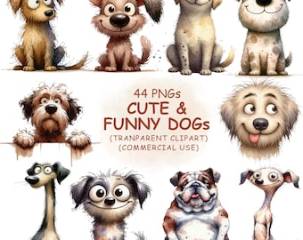 44 Cute Dogs Clipart PNG Bundle - Funny Watercolor Quirky Pet Puppies Printable Silly Art for Kids, Sublimation & Crafts | Digital Download
