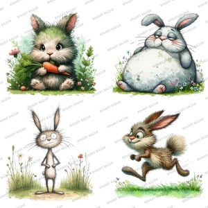 May include: Four cartoon illustrations of rabbits in different poses. The first rabbit is holding a carrot and is surrounded by green grass and flowers. The second rabbit is sitting on its haunches with its arms crossed. The third rabbit is running with its ears perked up. The fourth rabbit is standing with its arms crossed.