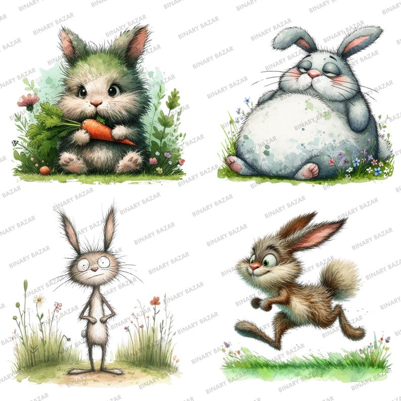 May include: Four cartoon illustrations of rabbits in different poses. The first rabbit is holding a carrot and is surrounded by green grass and flowers. The second rabbit is sitting on its haunches with its arms crossed. The third rabbit is running with its ears perked up. The fourth rabbit is standing with its arms crossed.
