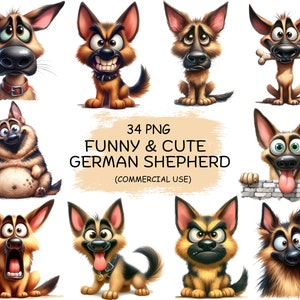 Chien de berger allemand drôle et mignon PNG + JPG - 34 clipart animaux aquarelle, téléchargement numérique Transparent imprimable | Utilisation commerciale