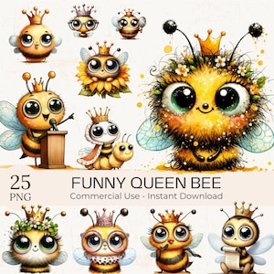Watercolor Queen Bee Clipart – 25 Funny Bug PNG Cartoon Graphics (Commercial Use)