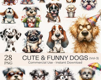 Grappige honden clipart png-bundel: aquarel eigenzinnige cartoon puppyillustraties (digitale download) (commercieel gebruik)